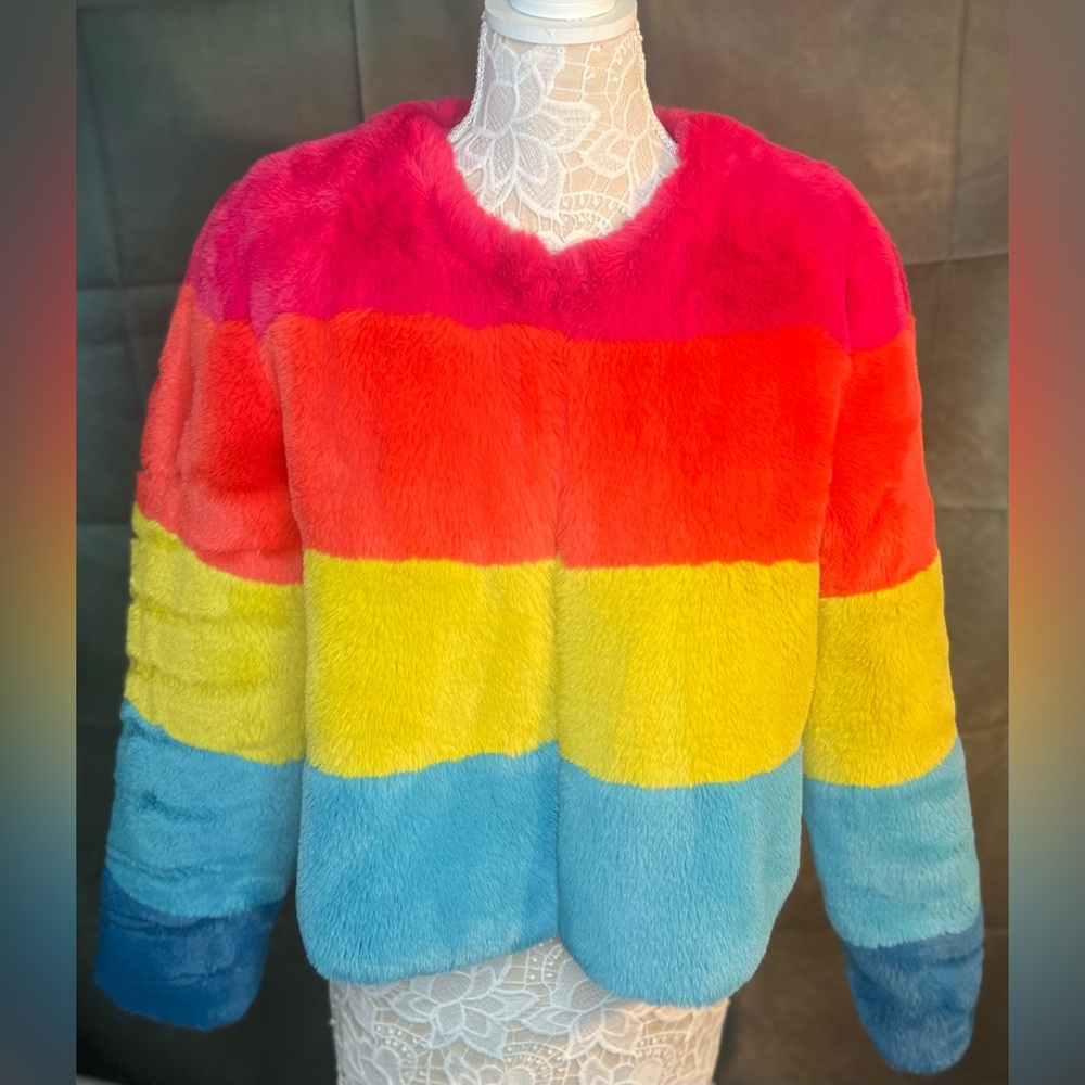 New York & Company Rainbow Faux Fur Coat Gently Preloved Size L/XL